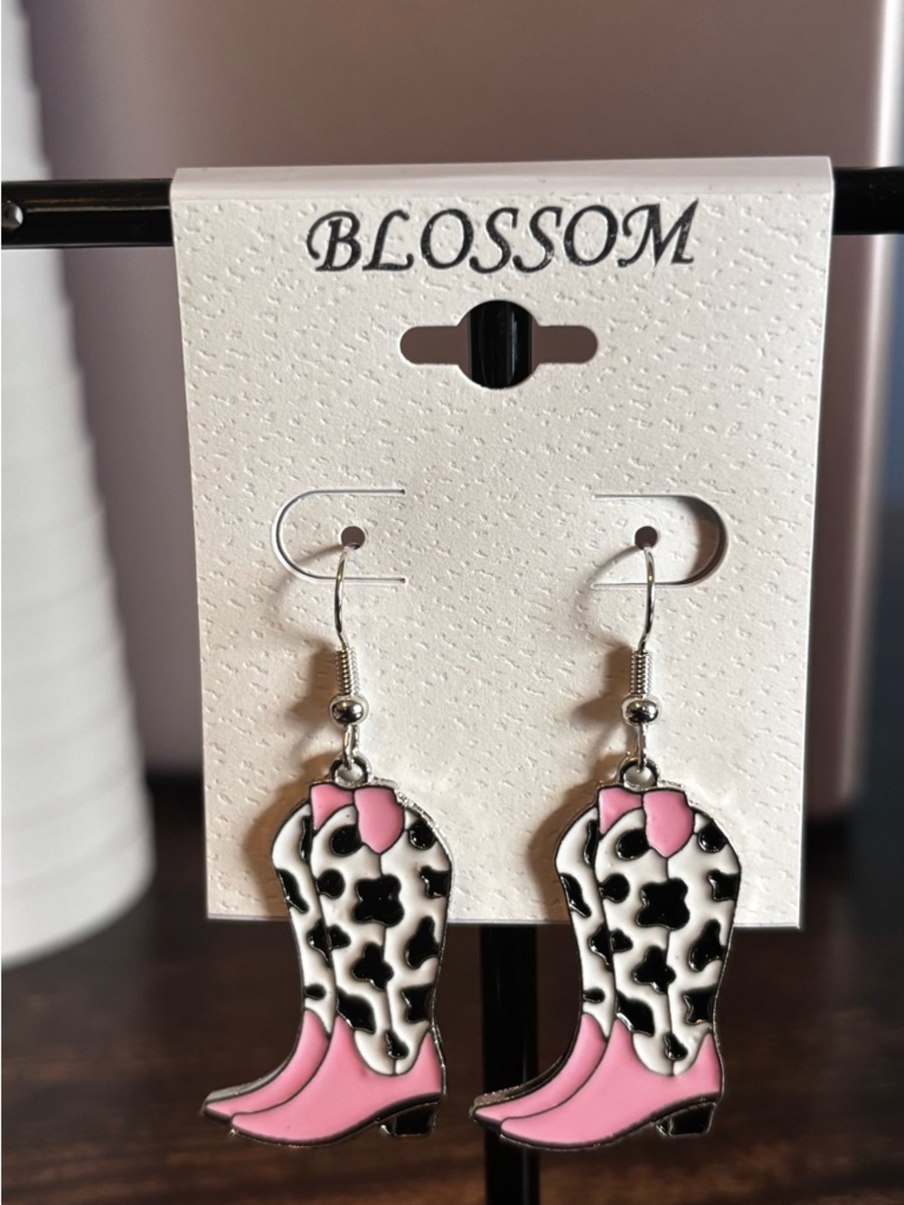 Blossom Pink & Black Cowprint Cowboy Boot Earrings‎ - Picture 2 of 3